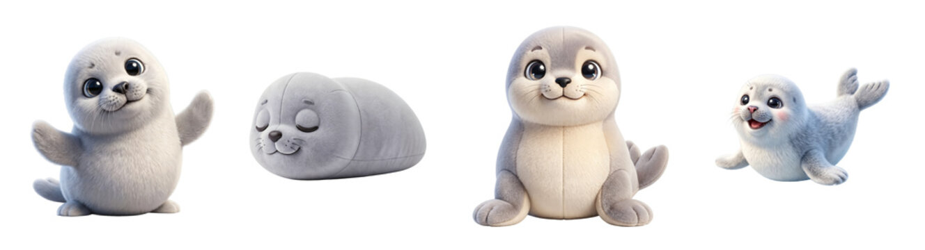 Cute cartoon style furry baby seal characters set with seals on transparent background