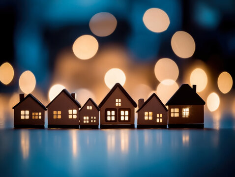 Model houses forming a community, city, bokeh lights in the background