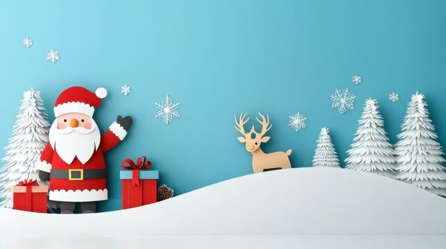 Whimsical Paper Craft Santa Claus and Reindeer Scene in Snowy Landscape