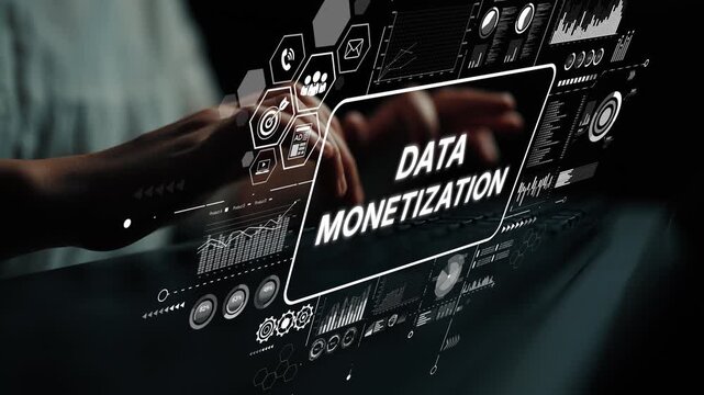 Modern Concept of Data Monetization with Hands Typing on a Digital Interface Surrounded by Graphs and Analytics. Asymptotic smart data analytic.