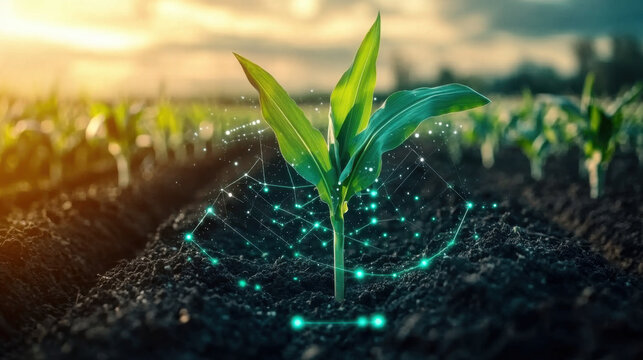 Maize seedling in cultivated agricultural field with graphic concepts modern agricultural technology