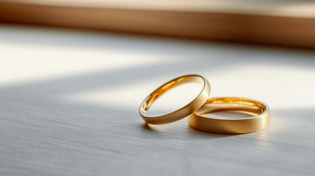 gold ring on white table on wedding backgound with copy space