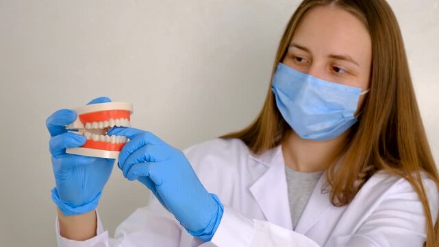 A dentist shows a model of a jaw. Selective focus.