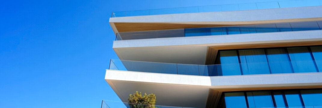 Architecture background abstract geometric shapes. White and orange walls against a blue sky