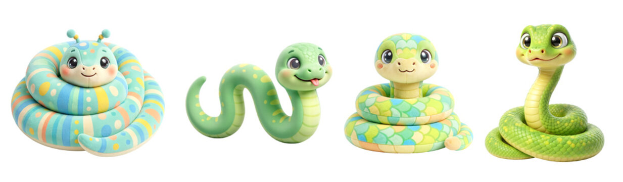Four cute cartoon snake characters in various poses with soft plush style on transparent background
