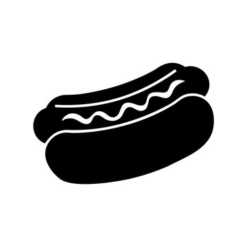 Black hot dog in bun icon - Minimalist vector icon of a classic hot dog with wavy lines inside a bun, ready for use in food, restaurant, or fast-food designs.