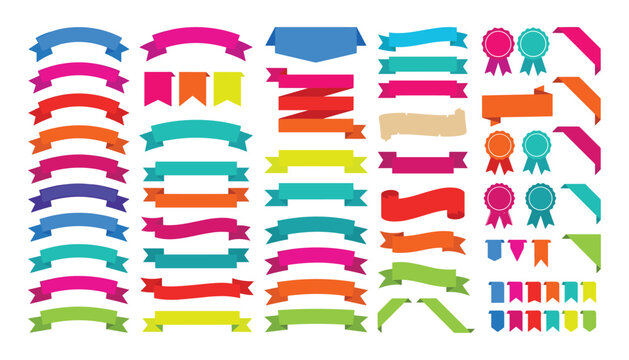 Colorful ribbon banner vector set featuring bright paper streamers curved scrolls retro blank tags and circular award labels isolated