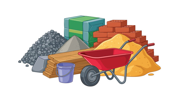 Construction building materials and tools pile with red wheelbarrow bricks sand cement gravel wooden planks and bucket vector illustration