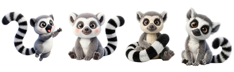 Obraz premium Four cute cartoon lemurs with striped tails set with large expressive on transparent background