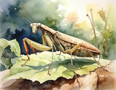 Detailed Watercolor Painting of a Praying Mantis on a Leaf.