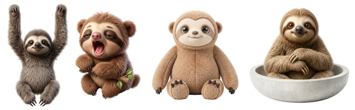 Set of four adorable cartoon style sloth characters with cute furry sloth on transparent background