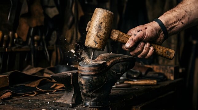 Artisan cobbler hitting a nail into a leather shoe with a wooden mallet