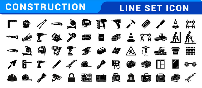 A comprehensive collection of black line art icons representing various construction tools building equipment industrial machinery and infrastructure elements for professional design projects