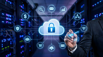 Fototapeta premium Hand interacting with cloud security interface in data center with interface against server displays hand touching server room background touching digital