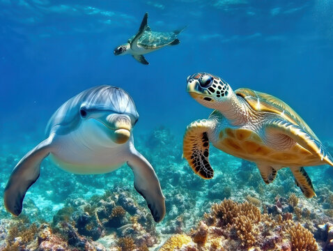 A Dolphin and Sea Turtle Underwater portrait close up