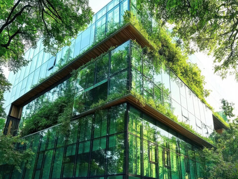 Sustainable glass office building with trees for reducing carbon dioxide