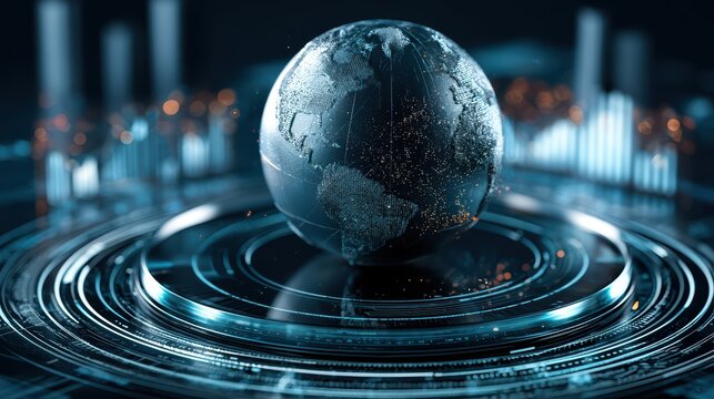Light image. Globe in the center of a futuristic financial digital scene, on a glowing glass platform, surrounded by abstract 3D data charts, bar graphs, cyberpunk interface, volumetric lighting, phot