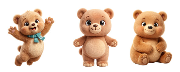 Fototapeta premium Three cute fluffy brown teddy bears in different poses with one standing on transparent background