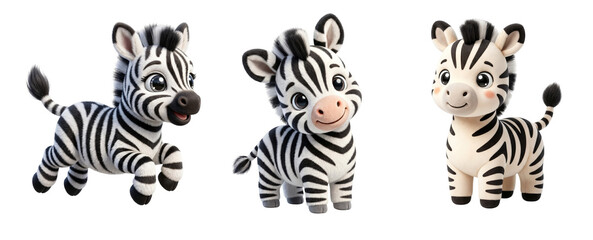 Obraz premium Three cute cartoon zebra characters standing isolated with eyes soft fur on transparent background