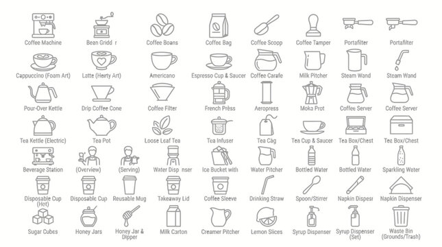 Collection of coffee and tea making equipment icons.