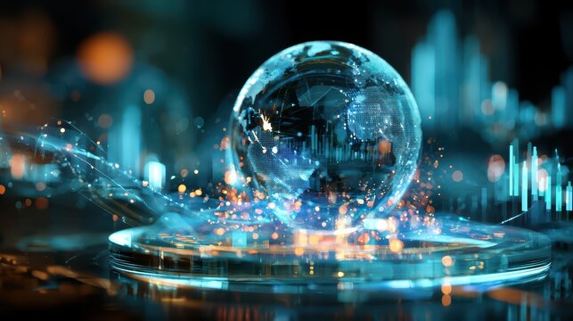 Light image. Globe in the center of a futuristic financial digital scene, on a glowing glass platform, surrounded by abstract 3D data charts, bar graphs, cyberpunk interface, volumetric lighting, phot