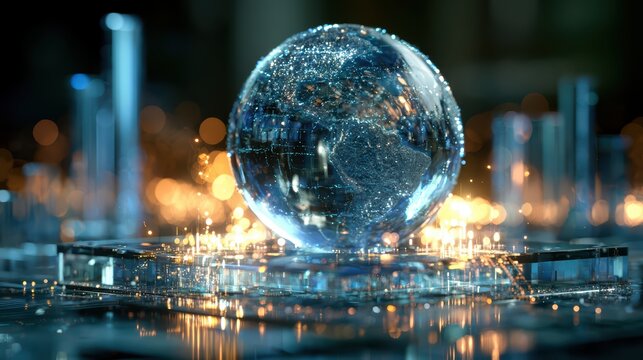 Light image. Globe in the center of a futuristic financial digital scene, on a glowing glass platform, surrounded by abstract 3D data charts, bar graphs, cyberpunk interface, volumetric lighting, phot