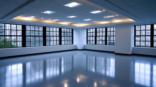 Spacious empty room with large windows, shiny floor, drop ceiling, and cityscape view outside