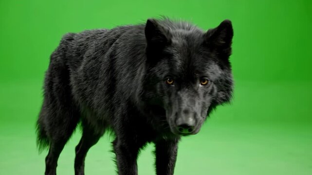 Majestic black wolf walking slowly towards camera on a bright green background for chroma key compositing