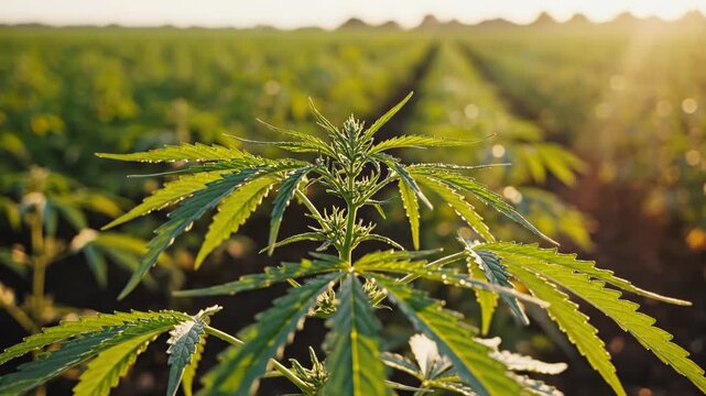 A close-up of a vibrant green cannabis plant with serrated leaves and a budding top growing in a sunny agricultural field with rows stretching into the distance. 