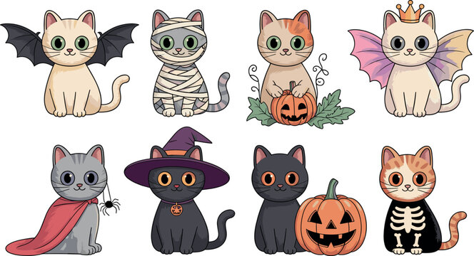 Cute Halloween cats collection with costumes featuring bat wings mummy skeleton witch hat and pumpkins vector illustration