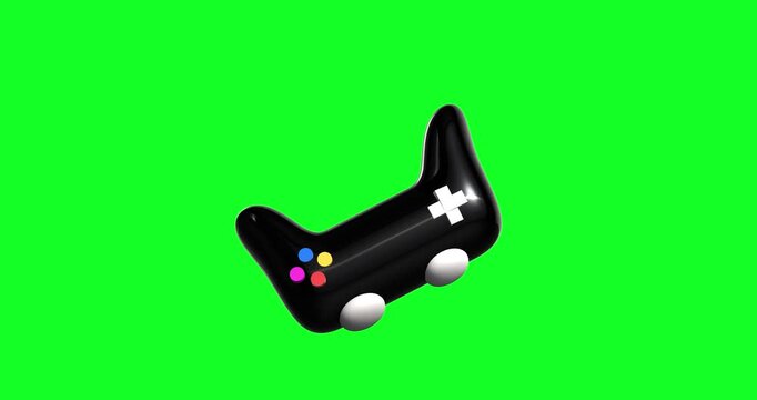 A glossy black 3D gaming controller rotates smoothly in the air against a bright green screen background for easy chroma key editing and compositing.
