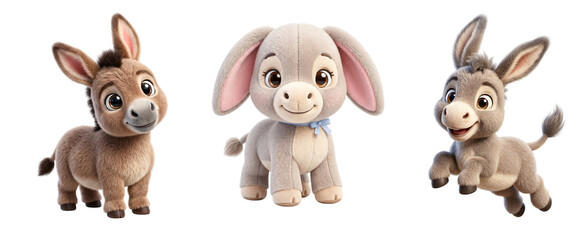 Fototapeta premium Three cute cartoon donkeys with friendly expressions with eyes soft fur on transparent background