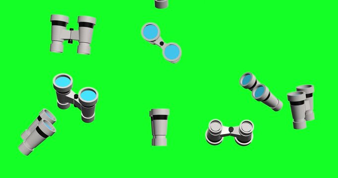 Multiple low poly binoculars falling and rotating through the air against a bright green screen background for creative compositing and visual effects editing.