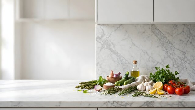 Assorted fresh vegetables and olive oil on a white marble kitchen countertop surface