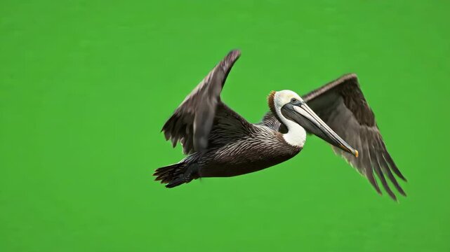 Majestic brown pelican soaring through the air with rhythmic wing flaps against a bright green screen background for easy compositing