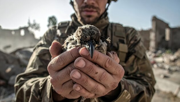 Soldier Gently Holds Injured Bird Amidst War-Torn Ruins.