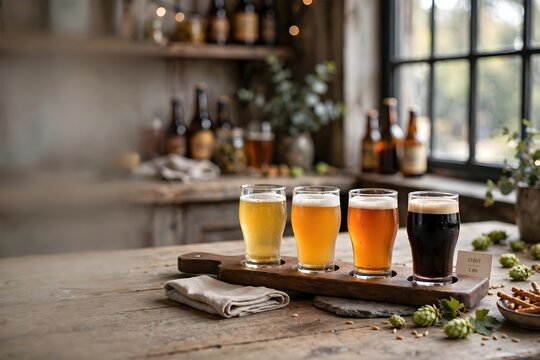 Beer flight tasting set with different craft beer varieties on wooden tray in rustic brewery