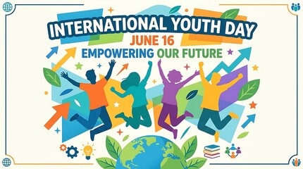 Obraz premium International Youth Day poster design with happy jumping people celebrating and empowering our bright future together