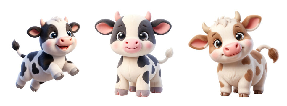 Three adorable cartoon cow characters standing together with illustration on transparent background
