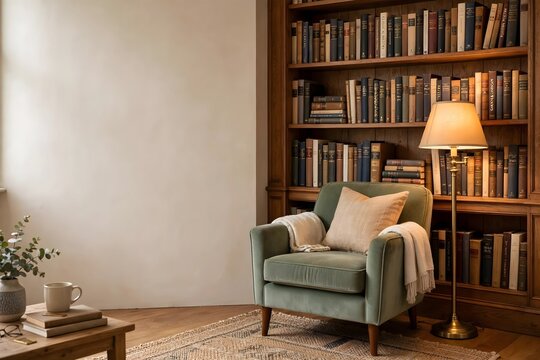 Cozy reading corner with green armchair and large wooden bookshelf in home library