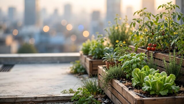 Fresh organic vegetable garden in wooden planters on urban rooftop at sunset