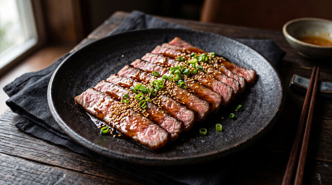Romantic candlelight dinner for two with beef steak and red wine in a cozy luxury restaurant.