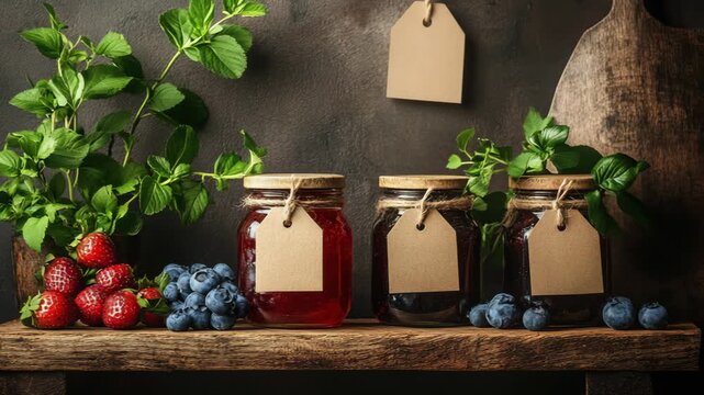 selective focus organic jam in glass jars with handwritten recipe tags