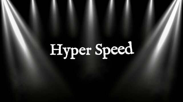 Hyper speed text stands illuminated by sharp white stage spotlights against a deep black background, creating a high-contrast cinematic atmosphere suitable for dynamic presentations and digital media.