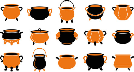 Set of various vintage cauldron designs featuring orange and black colors for fantasy magic and cooking pot concepts © vector