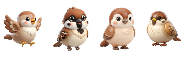 Fototapeta premium Set of four cute cartoon sparrows standing with style isolated on transparent background