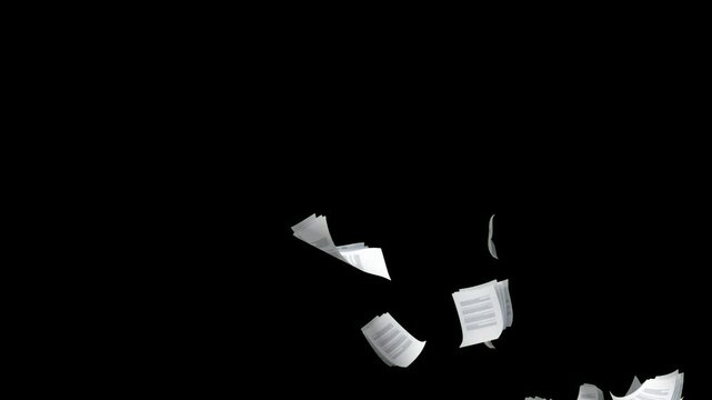 paper documents falling from above overlay, green background. flying sheets of white paper. Blank paper sheets falling down with luma matte, paper sheets flying and explosion effect. documents falling