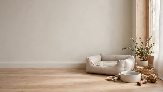 Minimalist dog bed and pet accessories in a modern neutral living room interior