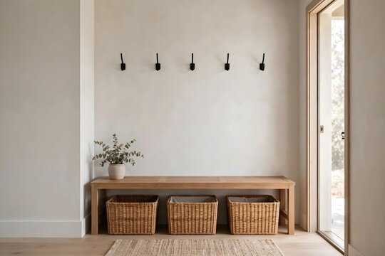 Minimalist entryway with wooden bench woven baskets and wall hooks in neutral tone room