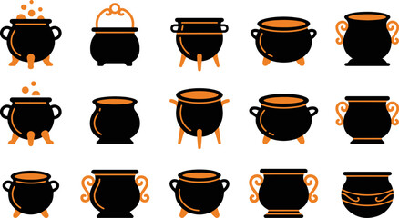 Set of various black iron cauldron illustrations for witchcraft magic potions and halloween decorations on white background isolated © vector